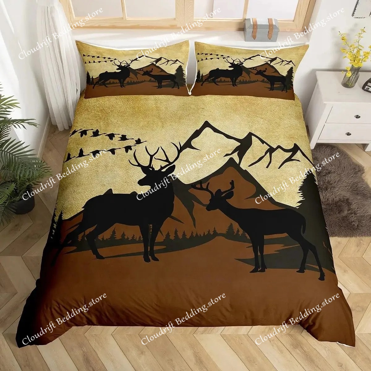 Hunting And Camping In Forest - ชุดผ้าปูที่นอนลายกวางเอลค์ ขนาดคิงควีน ลายฟาร์ม กวางในป่า ผ้าห่มลายมูส สัตว์ป่า
