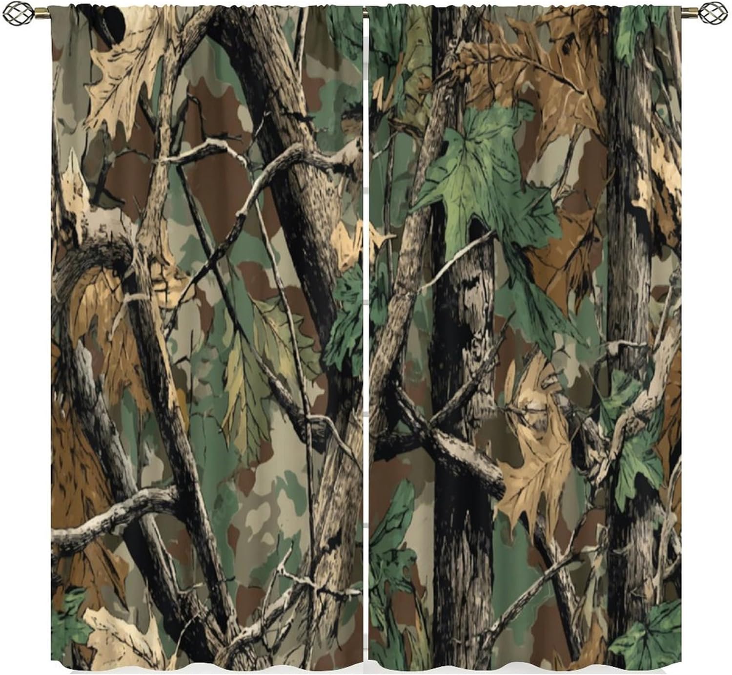 Hunting And Camping In Forest - ผ้าม่านลายพรางป่าไม้ ลายใบไม้กิ่งโอ๊ค ประดับมอส สำหรับตกแต่งห้องนอน ห้องพักแคมป์ หรือกระท่อม