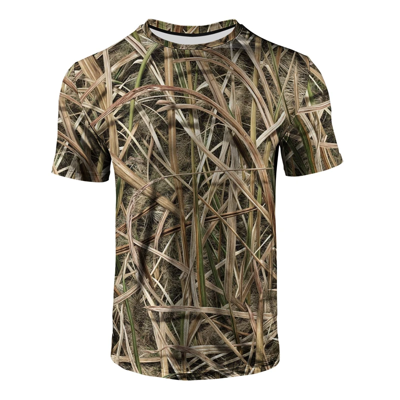 Hunting Outdoor Shop - เสื้อยืดลายพรางหญ้าสำหรับผู้ชาย คอกลม แขนสั้น ระบายอากาศได้ดี เหมาะสำหรับการล่าสัตว์และตั้งแคมป์