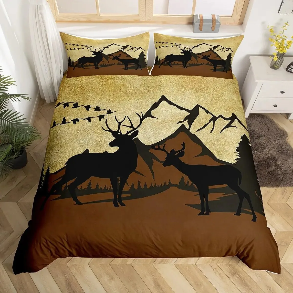 Hunting And Camping In Forest - ชุดผ้าปูที่นอนลายกวางเอลก์ ชุดผ้าห่มลายกวางในป่า ชุดเครื่องนอนลายสัตว์ป่า ชุดผ้าห่มสำหรับตั้งแคมป์และล่าสัตว์ สำหรับเด็กชายและเด็กหญิง
