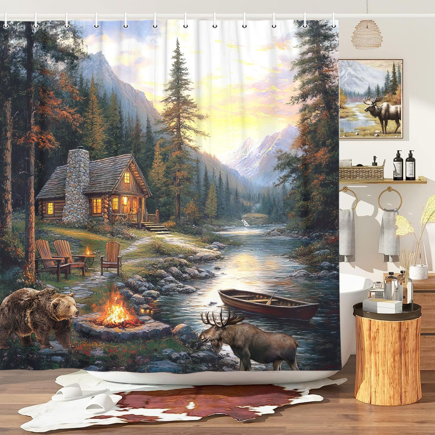 ม่านอาบน้ำลายกระท่อมชนบทพร้อมล - Hunting And Camping In Forest บทวิจารณ์และราคา