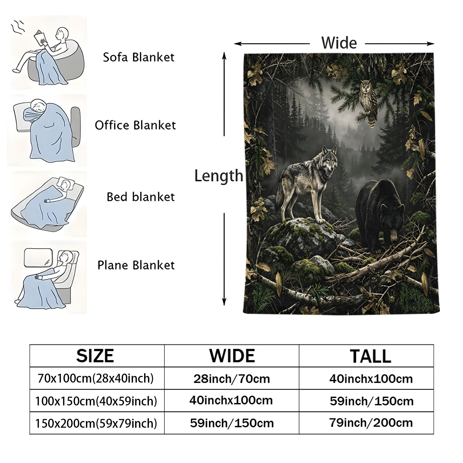 ผ้าห่มลายหมาป่า หมี นกฮูก ผ้าฟ - Hunting And Camping In Forest บทวิจารณ์และราคา