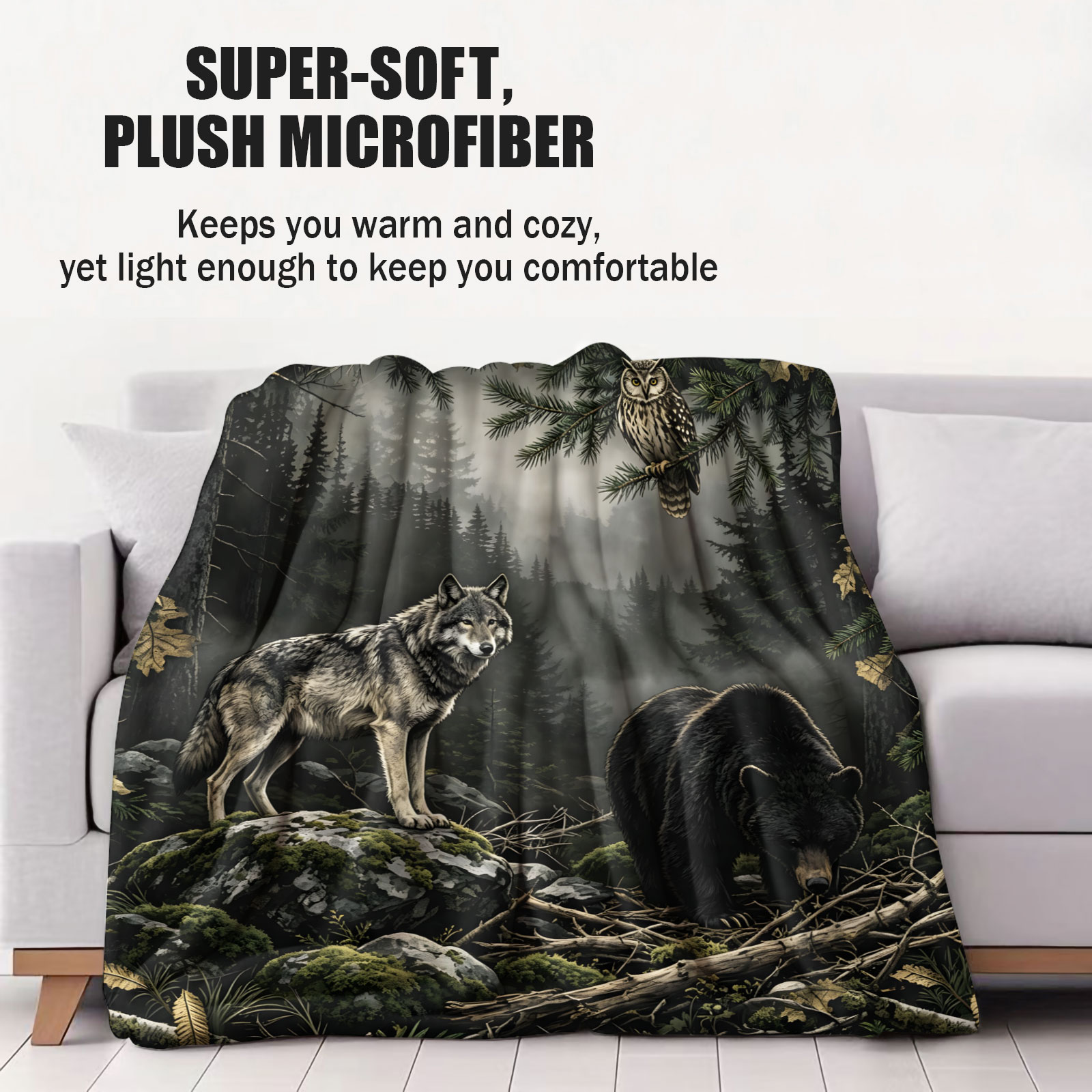 ผ้าห่มลายหมาป่า หมี นกฮูก ผ้าฟ - Hunting And Camping In Forest บทวิจารณ์และราคา
